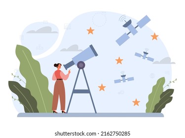 Astronomy and astronomer concept. Professional scientist looking through a telescope at the stars in observatory. Astrophysicist study universe. Flat vector illustration