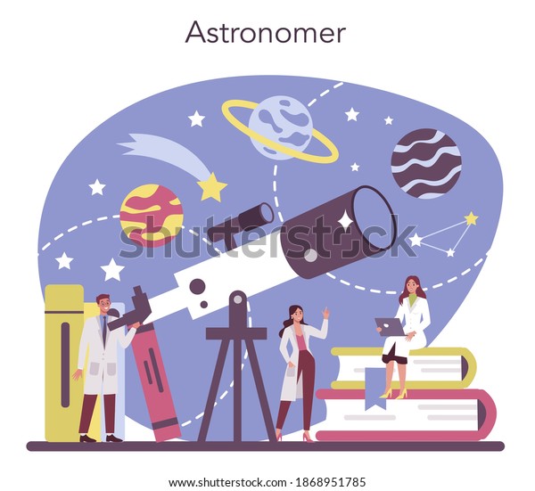 Astronomy and\
astronomer concept. Professional scientist looking through a\
telescope at the stars in observatory. Astrophysicist study stars\
map. Isolated vector\
illustration