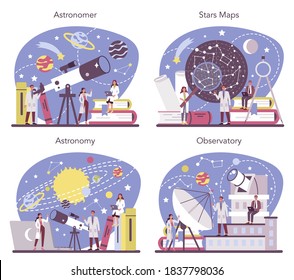 Astronomy and astronomer concept set. Professional scientist looking through a telescope at the stars in observatory. Astrophysicist study stars map. Isolated vector illustration