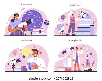 Astronomy and astronomer concept set. Professional scientist looking through a telescope at the stars in observatory. Astrophysicist study universe. Flat vector illustration