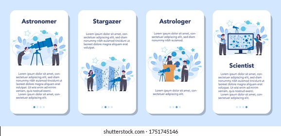 Astronomy and astronomer mobile application banner set. Professional scientist looking through a telescope at the stars. Astrophysicist study space, stars and planets. Isolated vector illustration