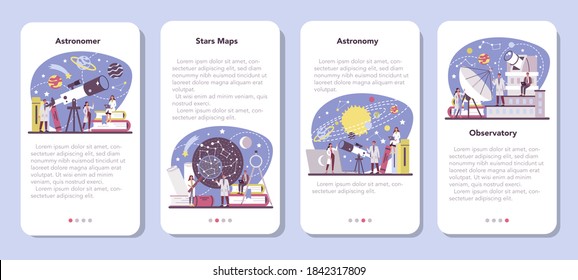 Astronomy and astronomer mobile application banner set. Professional scientist looking through a telescope at the stars in observatory. Astrophysicist study stars map. Isolated vector illustration