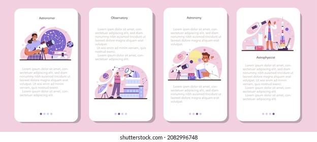 Astronomy and astronomer mobile application banner set. Professional scientist looking through a telescope at the stars in observatory. Astrophysicist study universe. Flat vector illustration