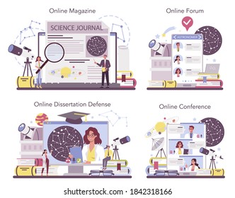 Astronomy and astronomer online service or platform set. Scientist looking through a telescope at the stars. Online forum, magazine, conference, dessertation defense. Isolated vector illustration