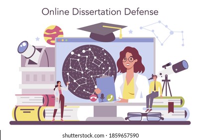 Astronomy and astronomer online service or platform. Scientist looking through a telescope at the stars. Online dessertation defense. Isolated vector illustration