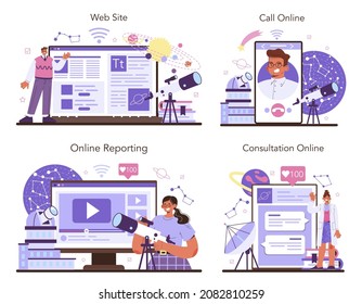 Astronomy and astronomer online service or platform set. Astrophysicist study universe looking through a telescope in observatory. Online call, consultation, reporting, website. Vector illustration