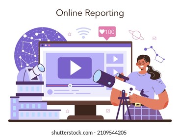 Astronomy and astronomer online service or platform. Astrophysicist study universe looking through a telescope in observatory. Online call, consultation, reporting, website. Vector illustration