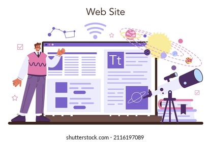 Astronomy and astronomer online service or platform. Astrophysicist study universe looking through a telescope in observatory. Website. Vector illustration