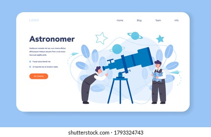 Astronomy and astronomer web banner or landing page. Professional scientist looking through a telescope at the stars. Astrophysicist study space, stars and planets. Isolated vector illustration