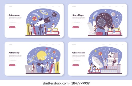 Astronomy and astronomer web banner or landing page set. Professional scientist looking through a telescope at the stars in observatory. Astrophysicist study stars map. Isolated vector illustration