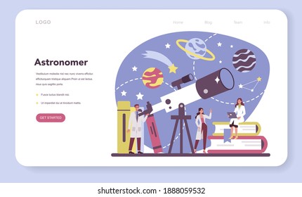 Astronomy and astronomer web banner or landing page. Professional scientist looking through a telescope at the stars in observatory. Astrophysicist study stars map. Isolated vector illustration