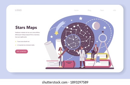 Astronomy and astronomer web banner or landing page. Professional scientist looking through a telescope at the stars in observatory. Astrophysicist study stars map. Isolated vector illustration