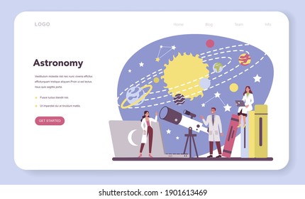 Astronomy and astronomer web banner or landing page. Professional scientist looking through a telescope at the stars in observatory. Astrophysicist study stars map. Isolated vector illustration