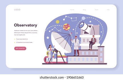 Astronomy and astronomer web banner or landing page. Professional scientist looking through a telescope at the stars in observatory. Astrophysicist study stars map. Isolated vector illustration