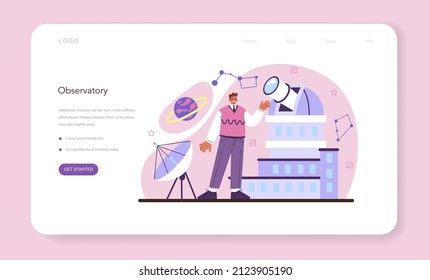 Astronomy and astronomer web banner or landing page. Professional scientist looking through a telescope at the stars in observatory. Astrophysicist study universe. Flat vector illustration