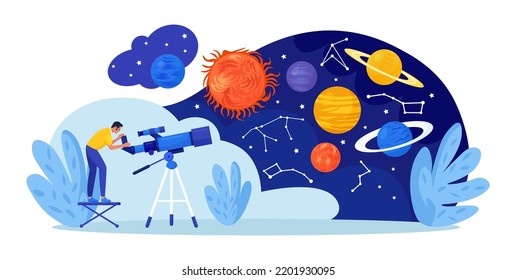 Astronomy, astronomical observation. Man studying galaxy through telescope, explore planets, universes. Person watching meteors, constellation of stars. Astronomer observing sky with celestial bodies