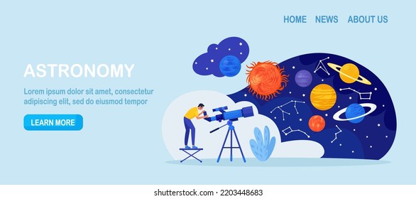 Astronomy, astronomical observation. Man studying galaxy through telescope, explore planets, universes. Person watching meteors, constellation of stars. Astronomer observing sky with celestial bodies