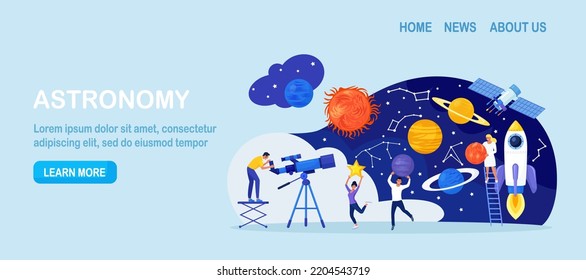 Astronomy, astronomical observation. Man studying galaxy through telescope, explore planets, universes. People watching meteors, constellation of stars. Astronomer observing sky with celestial bodies