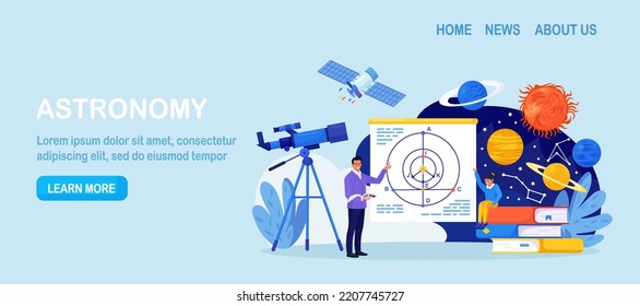 Astronomie, astronomische Beobachtung. Schüler im Astronomieunterricht im Planetarium. Kinder lernen Planeten, Universen. Studierende, die die Galaxie durch das Teleskop erforschen und die Sternenkonstellation von Meteoren beobachten