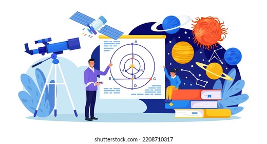 Astronomy, Astronomical Observation. Pupil At Astronomy Class In Planetarium. Children Learning Planets, Universes. Student Studying Galaxy Through Telescope, Watching Meteors Constellation Of Stars