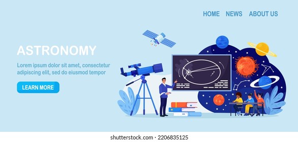 Astronomy, astronomical observation. Pupils at astronomy class in planetarium. Children learning planets, universes. Students studying galaxy through telescope, watching meteors constellation of stars