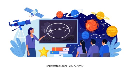 Astronomy, astronomical observation. Pupils at astronomy class in planetarium. Children learning planets, universes. Students studying galaxy through telescope, watching meteors constellation of stars