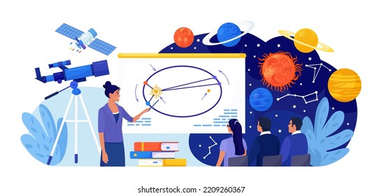 Astronomie, astronomische Beobachtung. Schüler der Astronomie-Klasse im Planetarium. Kinder lernen Planeten, Universen. Studenten, die Galaxie durch Teleskop studieren, Meteorkonstellation von Sternen beobachten