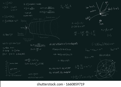 Astronomy and astrophysics, formulas for physics mathematics and astronomy on a dark green chalk Board. Inflation of the universe and the big Bang theory