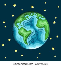 Astronomy background. 3d paper cut Earth  from space vector illustration.  With a shadow and stars.