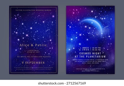 Histórico astronômico. Céu noturno. Galáxia cósmica. Banner do espaço estrelado. Quadro de poeira estelar brilhante. Design de luxo mágico. Evento planetário. Modelo de convite de casamento. Vetor romântico shimmer pôsteres set