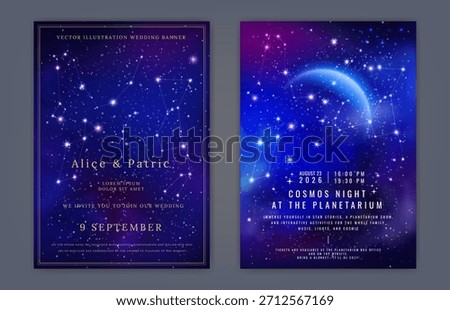 Astronomy background. Night sky. Cosmic galaxy. Starry space banner. Glittering stardust frame. Magic luxury design. Planetarium event. Wedding invitation template. Vector romantic shimmer posters set