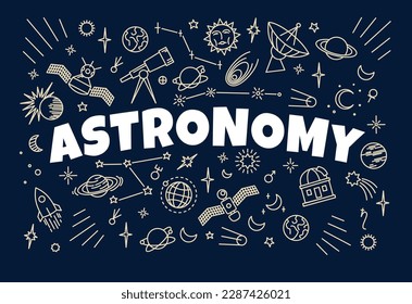 Astronomy background with signs and symbols of space and galaxy on vector school board. Sketch chalk universe planets, stars, Moon and Sun, telescope, satellite, observatory and constellation signs