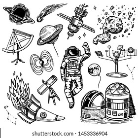 Astronomy background in vintage style. Space and cosmonaut, moon and spaceships, meteorite and stars, planets and observatory. Hand drawn in retro doodle style.