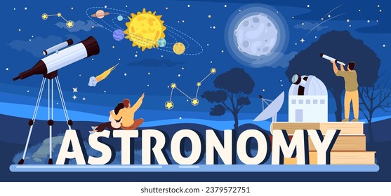 Astronomía banner observatorio de publicidad o planetario para el estudio de cosmología, observación de la constelación de estrellas del sistema solar. Ilustración de vectores con personas que utilizan vidrio espía telescopio