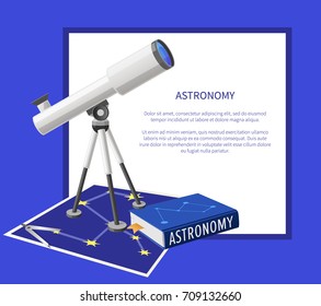 Astronomy banner with frame, place for text, telescope device and school textbook on constellation map vector illustration icons