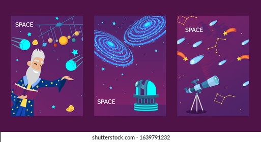 Astronomy banners, vector illustration. Space research station, observatory telescope. Old astronomer cartoon character, flat style icons of stars, satellite, comet and meteor. Astronomy for children