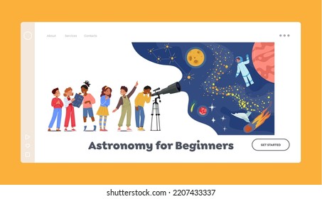 Astronomy for Beginners Landing Page Template. Children Look In Telescope, Curious Little Boys and Girls Study Science. Kid Characters Observe Sky with Moon, Stars. Cartoon People Vector Illustration