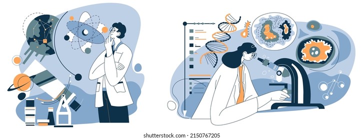 Experimentos y descubrimientos científicos de astronomía y biología en laboratorios. Personas que tratan con nuevas sustancias y cuerpos celestes. Uso de telescopio y microscopio en el trabajo. Vector de estilo plano