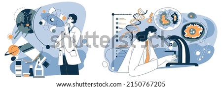 Astronomy and biology scientific experiments and discoveries in laboratories. People dealing with new substances and celestial bodies. Using telescope and microscope at work. Vector in flat style