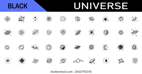 Astronomy black line icon set. Space planet, Earth, moon, sun, galaxy, rocket astronaut, alien. universe sign illustration.