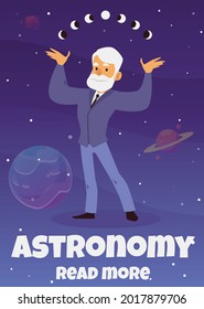 Astronomy card or poster design with cartoon character of scientist on starry cosmos background, flat vector illustration. Astronomy and universe exploration.