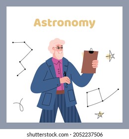 Astronomy card or poster template with astronomer scientist standing against sky map, flat cartoon vector illustration. Cosmos exploration and astronomy card concept.