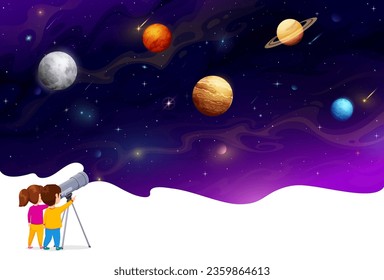 Astronomy. Cartoon boy and girl kids looking through a telescope at vector space planets, stars and constellations on dark night sky background. Cute children observation space and universe galaxy