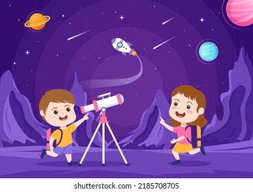 Astronomy Cartoon Illustration with Cute Kids Watching Night Starry Sky, Galaxy and Planets in Outer Space Through Telescope in Flat Hand Drawn Style