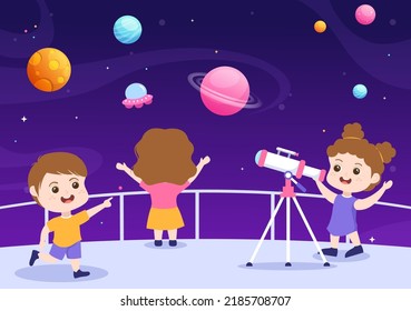 Astronomy Cartoon Illustration with Cute Kids Watching Night Starry Sky, Galaxy and Planets in Outer Space Through Telescope in Flat Hand Drawn Style