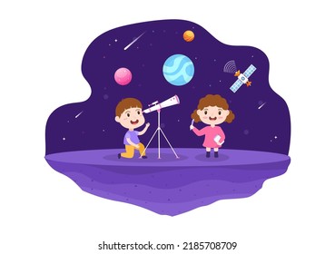 Astronomy Cartoon Illustration with Cute Kids Watching Night Starry Sky, Galaxy and Planets in Outer Space Through Telescope in Flat Hand Drawn Style