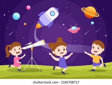 Astronomy Cartoon Illustration with Cute Kids Watching Night Starry Sky, Galaxy and Planets in Outer Space Through Telescope in Flat Hand Drawn Style