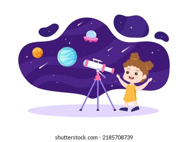 Astronomy Cartoon Illustration with Cute Kids Watching Night Starry Sky, Galaxy and Planets in Outer Space Through Telescope in Flat Hand Drawn Style
