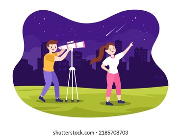 Astronomy Cartoon Illustration with People Watching Night Starry Sky, Galaxy and Planets in Outer Space Through Telescope in Flat Hand Drawn Style