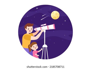 Astronomy Cartoon Illustration with People Watching Night Starry Sky, Galaxy and Planets in Outer Space Through Telescope in Flat Hand Drawn Style